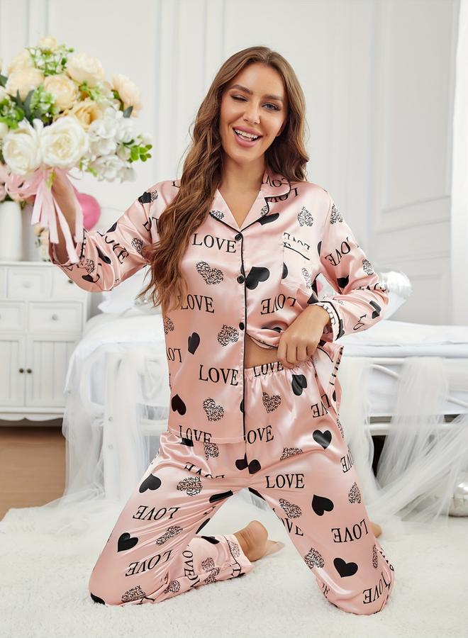 تايك تو طقم قميص ساتان وبنطال بيجاما بطبعة جرافيك للنساء - Image 3